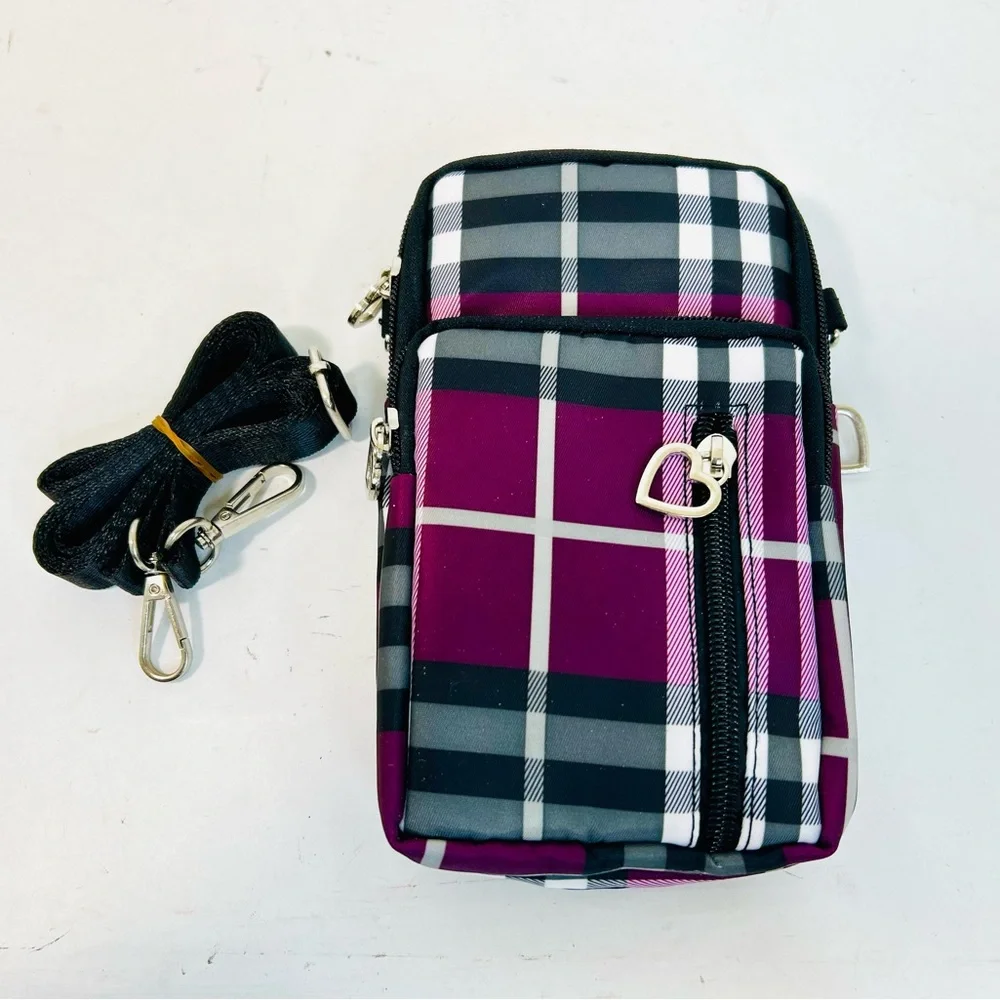 NEW Lightweight Small Nylon Crossbody Cell Phone Travel Pouch in Purple Stripes